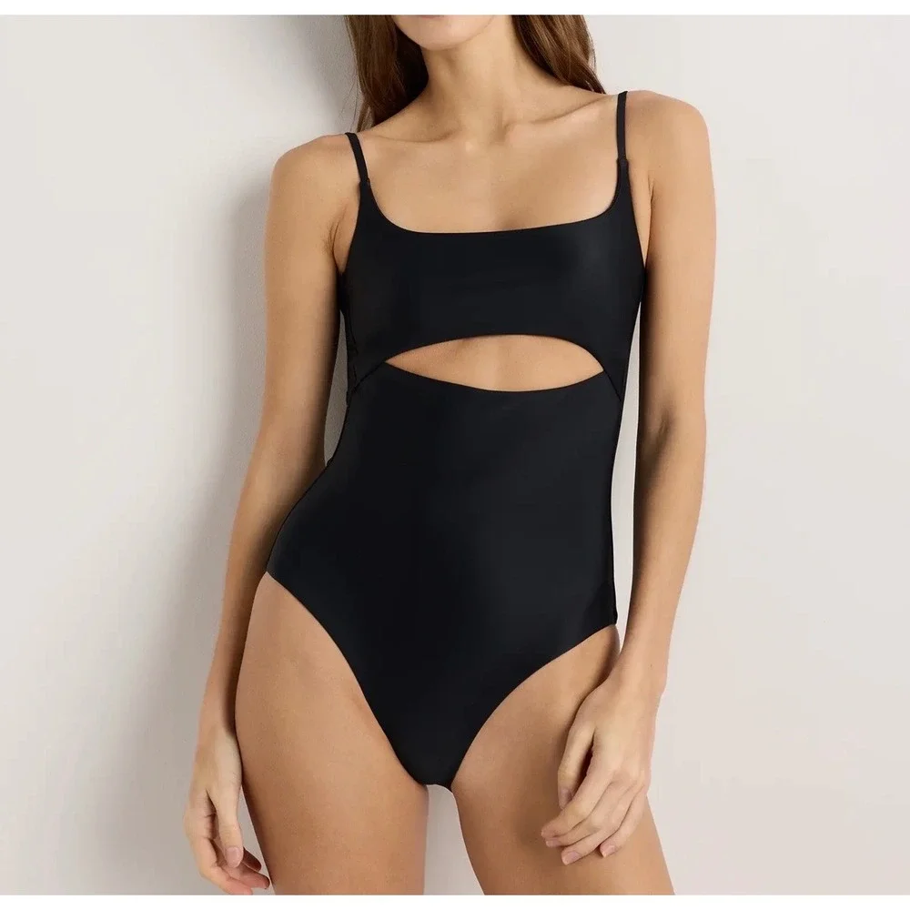 NWT Quince Womens Italian Cut Out One Piece Swimsuit Medium Sustainable Black